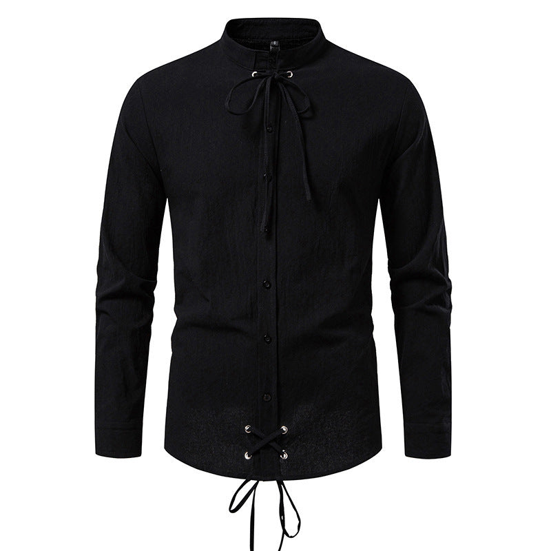 Pirate Drawstring Men's Cotton And Linen Long Sleeve European Size Shirt