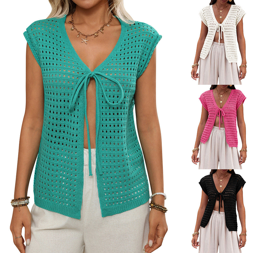 Womens Hollow-Out Sweater Short-Sleeve Knitted Cardigan