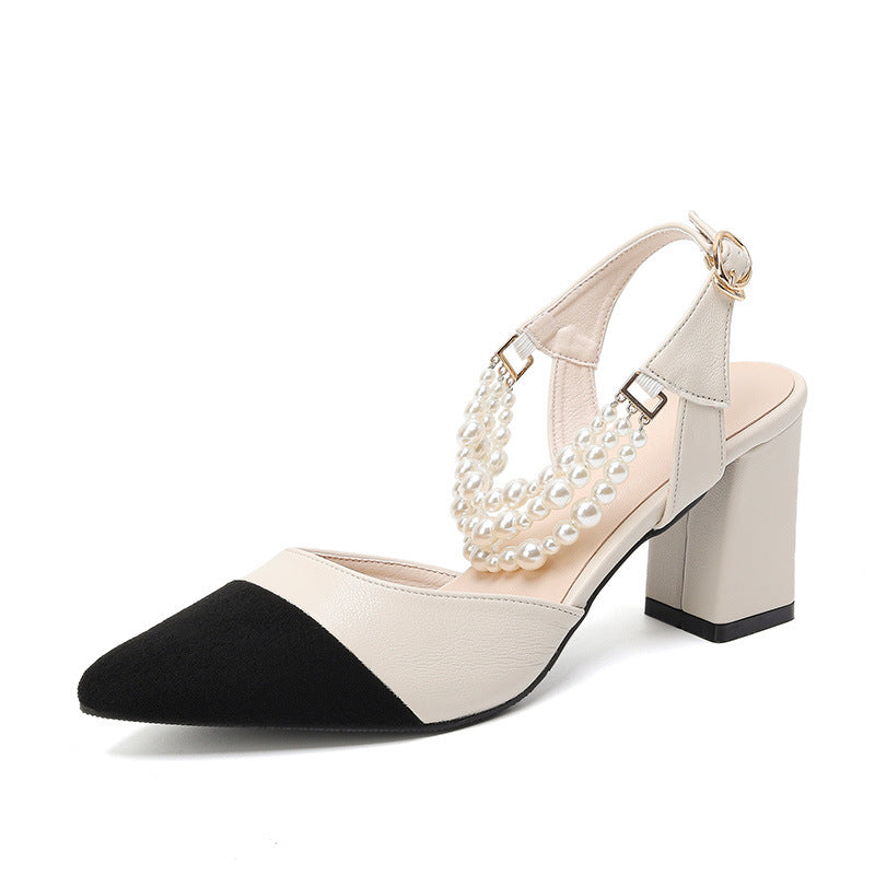 Pointed Toe Chunky Heel High Heels Plus Size Buckle Pearl Sandals