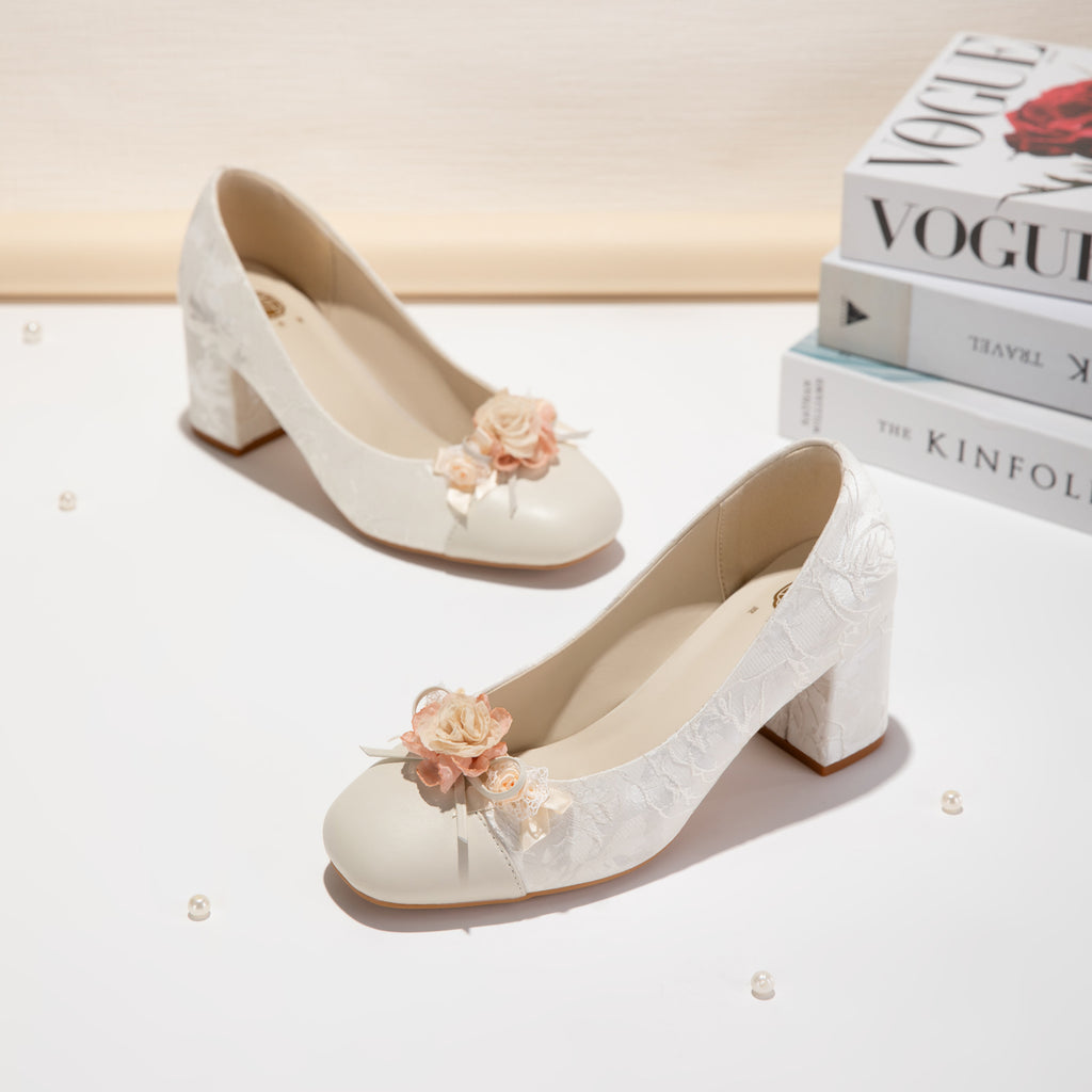 White Floral Block Heel Pumps, Elegant Square Toe Jacquard Women's Dress Shoes