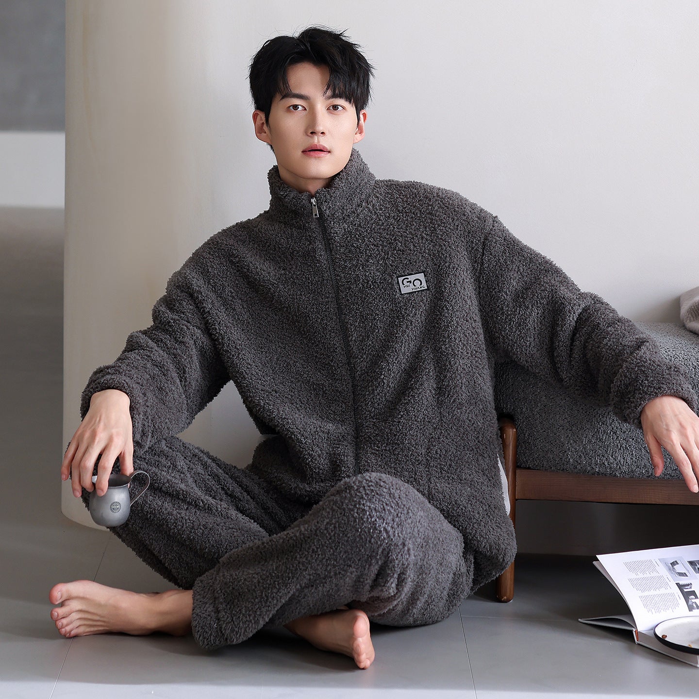 Long Sleeve Half Velvet Warm Padded Zipper Couple Pajamas