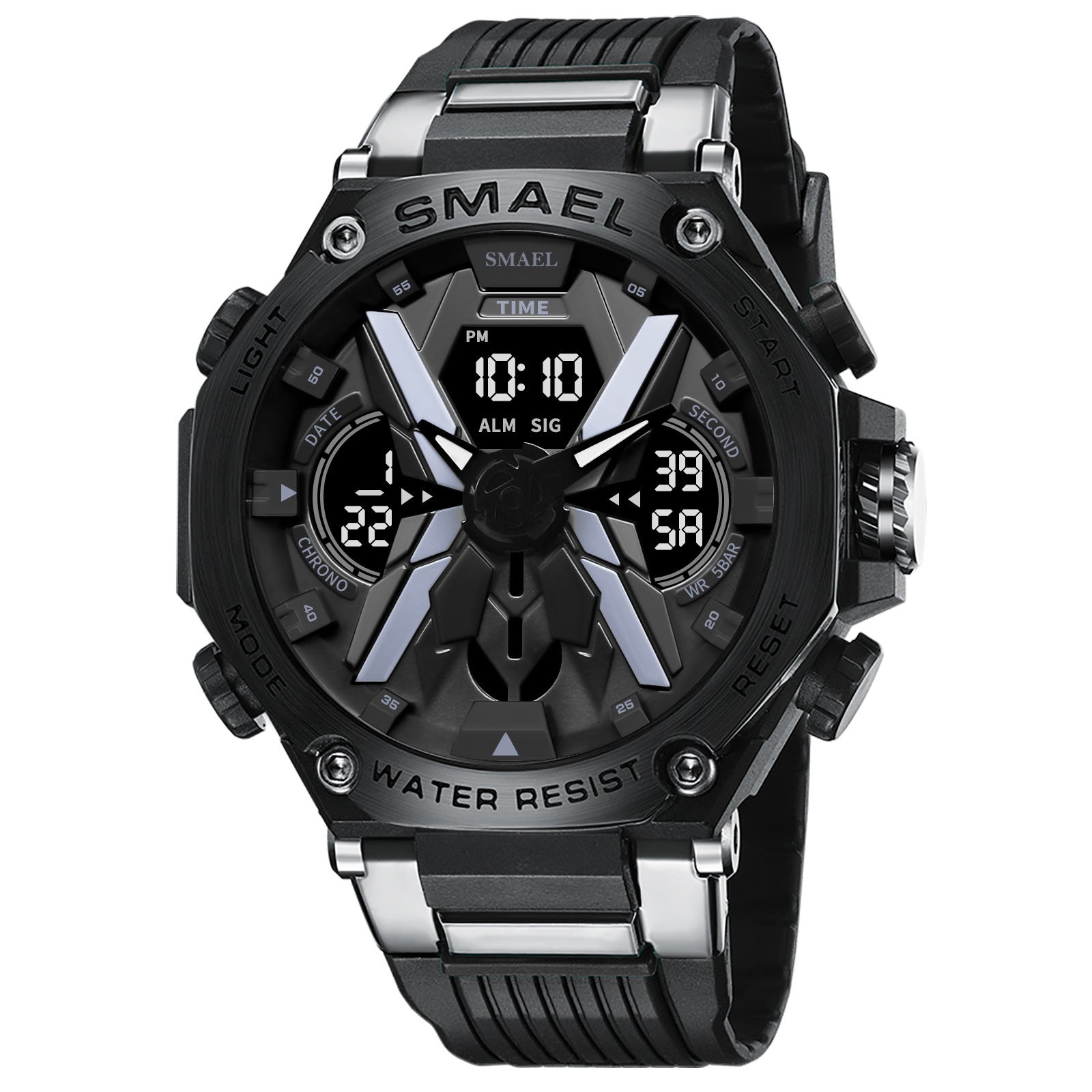 Multifunctional Digital Double Display Waterproof Alloy Sports Men Quartz Watch
