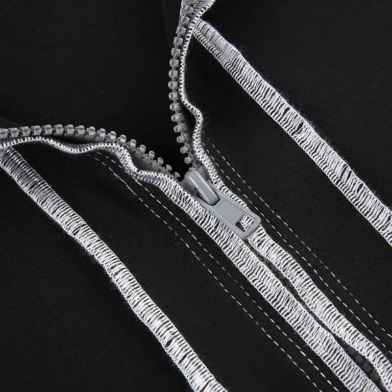 Contrast Stitching Double Zipper Long Sleeve Coat