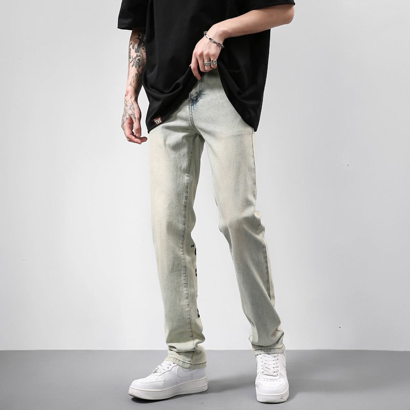 American Vintage Washed Distressed Yellow Mud Dye Letter Print Jeans