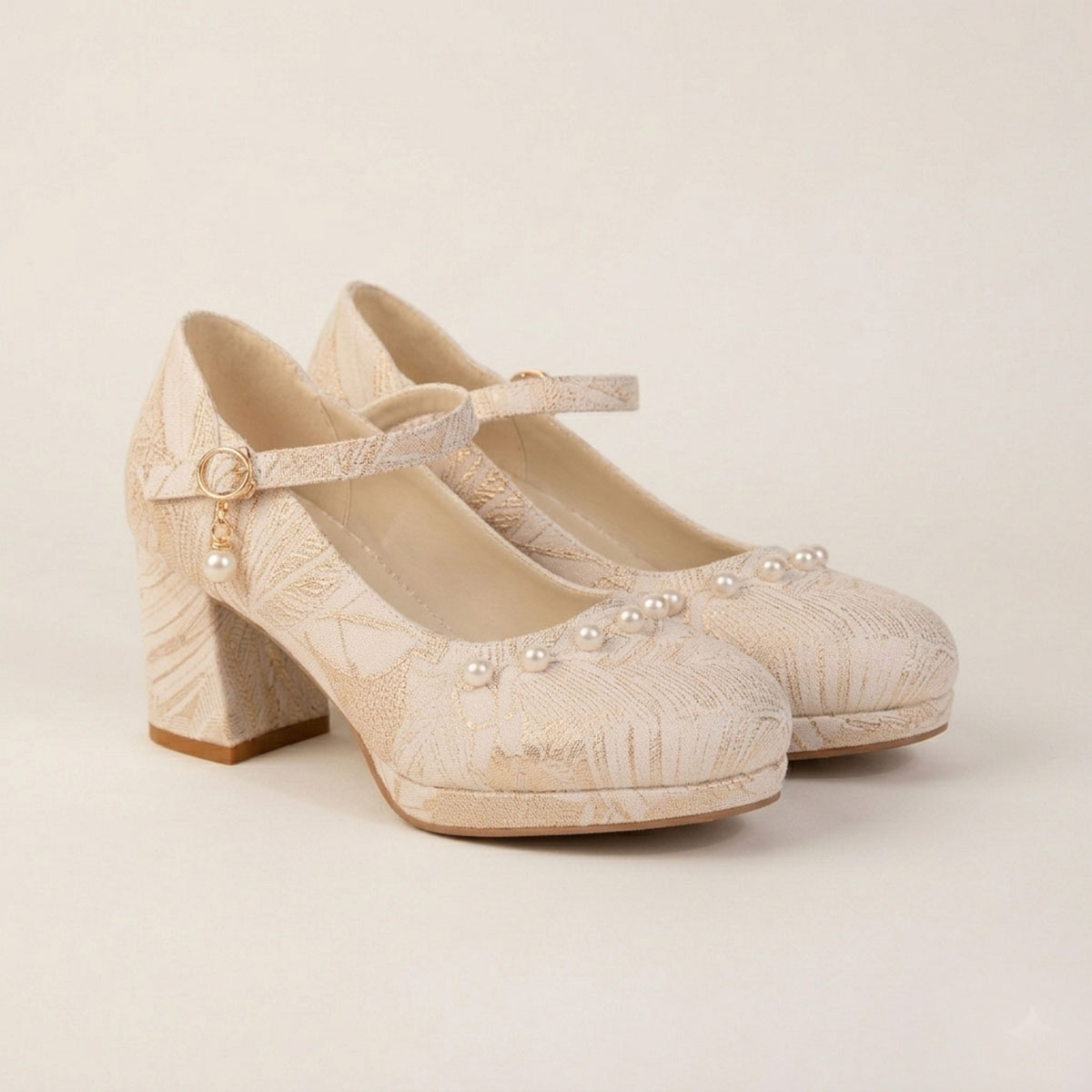 White And Beige Jacquard Mary Jane Style Women's Shoes With Thick Soles And Pearl Bow Straps, Waterproof Platform High Heels, Elegant And Versatile Wedding Shoes, Bridesmaid Shoes, Formal High Heels F