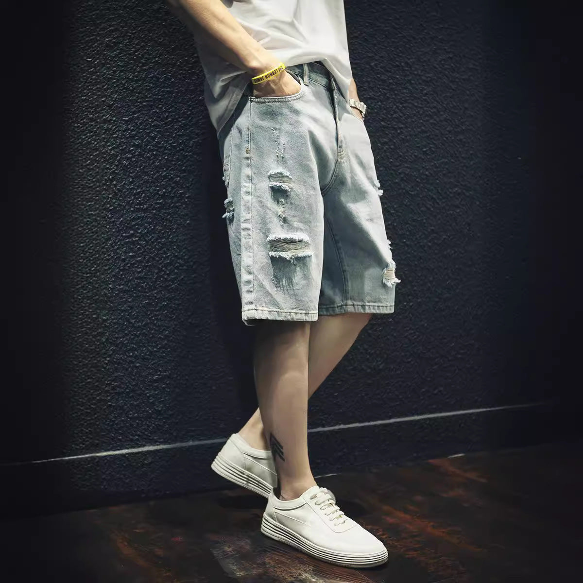 Ripped Denim Outer Wear Fifth Pants