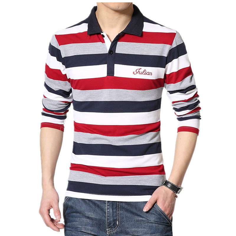 Fashion Casual Men's Long-sleeved Lapel Striped T-shirt