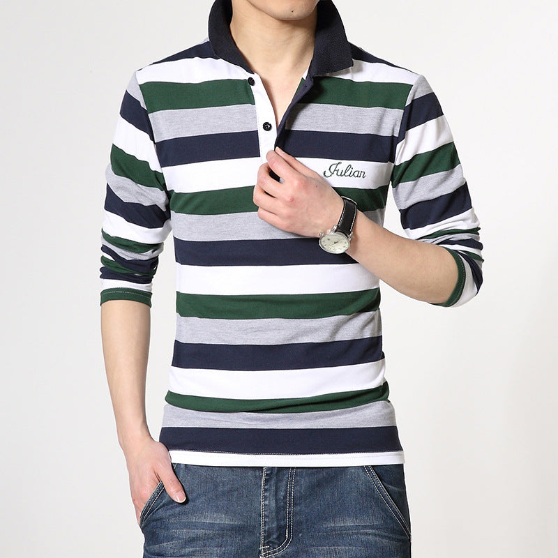 Fashion Casual Men's Long-sleeved Lapel Striped T-shirt