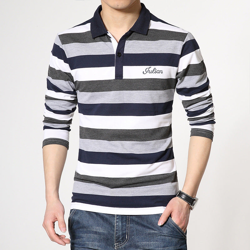 Fashion Casual Men's Long-sleeved Lapel Striped T-shirt