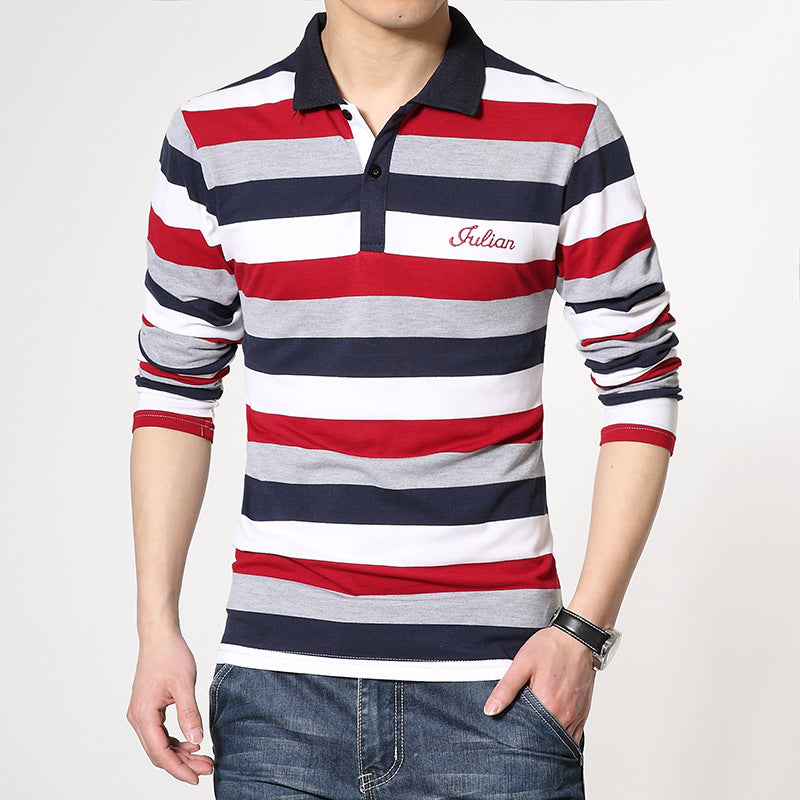 Fashion Casual Men's Long-sleeved Lapel Striped T-shirt