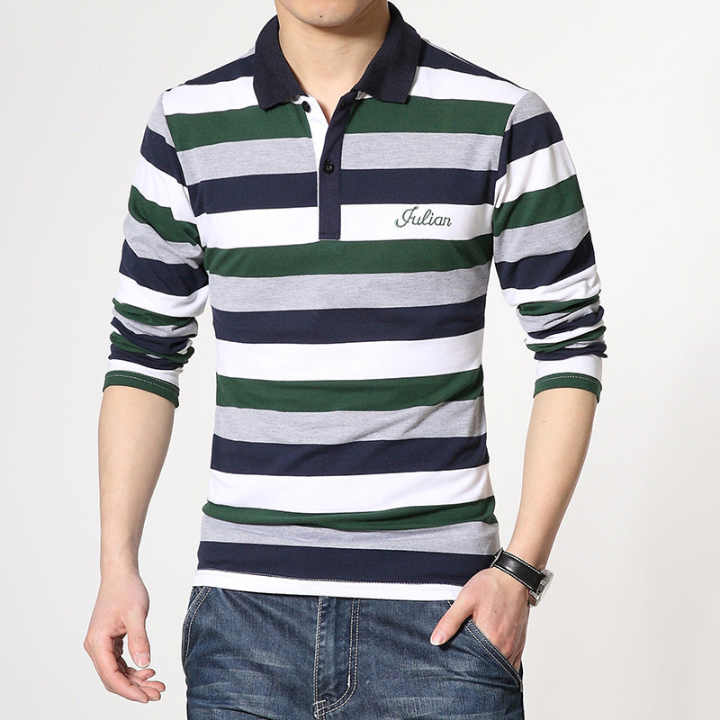 Fashion Casual Men's Long-sleeved Lapel Striped T-shirt