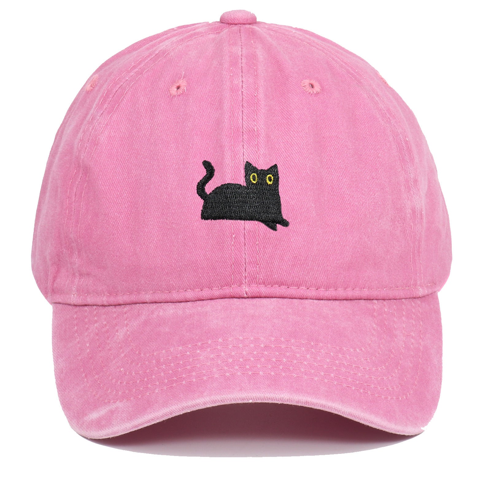 Black Cat Embroidered Washed Baseball Cap Sun Hat