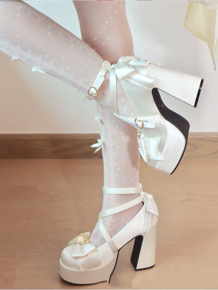 Waterproof Platform Satin Thick Heel Bowknot Love Cross Buckle Strap High Heel Pumps