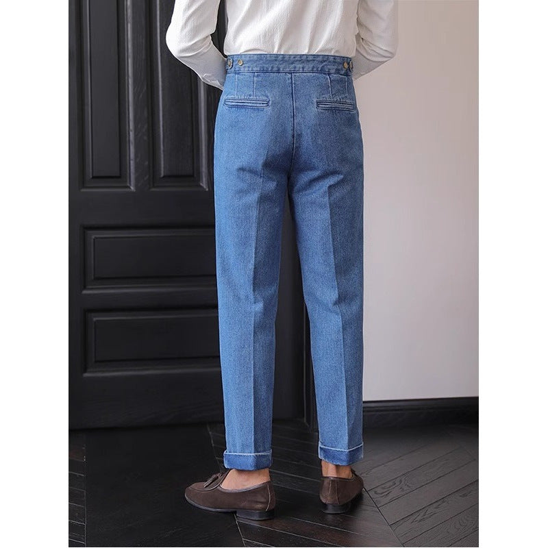 British High Waist Men's Jeans Drooping Straight Curling Suit Pants