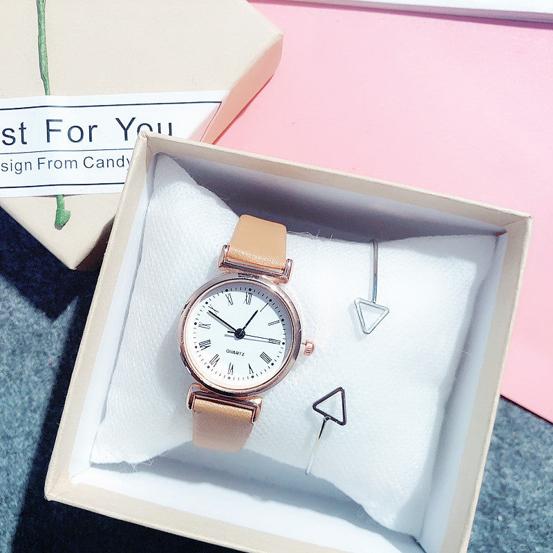Simple small dial belt quartz watch + triangle bracelet