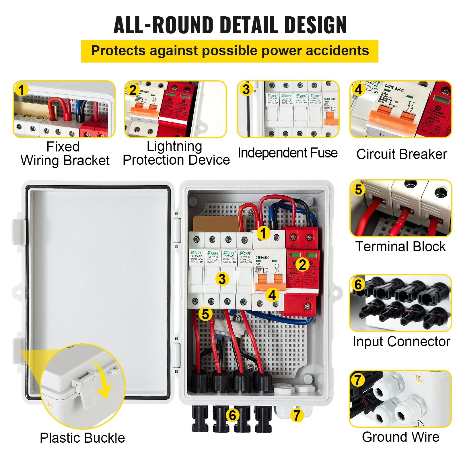 PV Combiner Box, 4 String With 15A Rated Current Fuse, 63A Circuit Breaker, Lightning Arreste Connector For On/Off Grid Solar Panel System, IP65