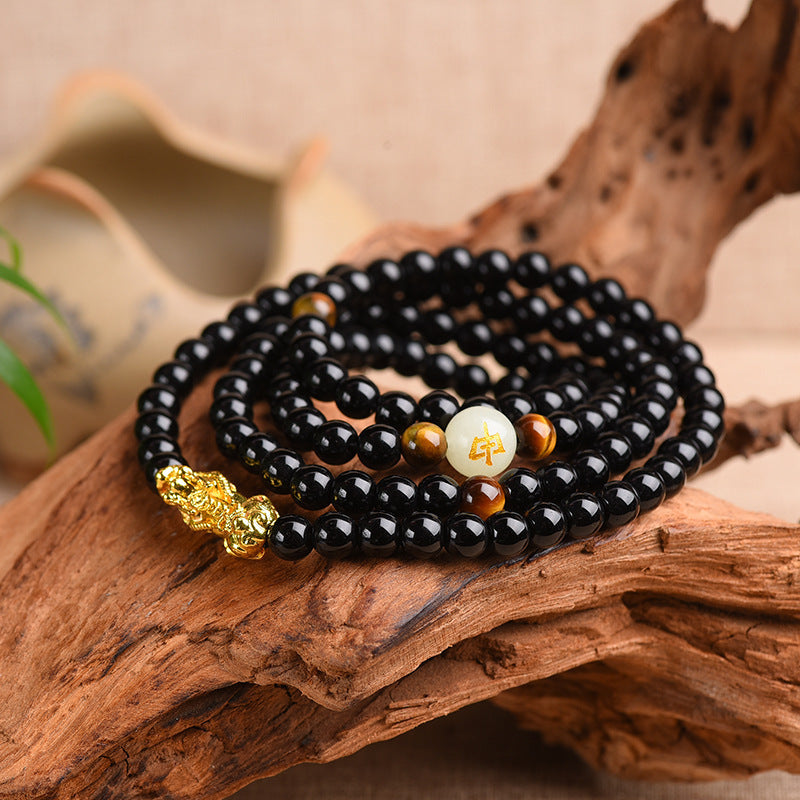 Obsidian 12 Zodiac Signs 108 Luminous Sand Golden Pixiu Buddha Beads