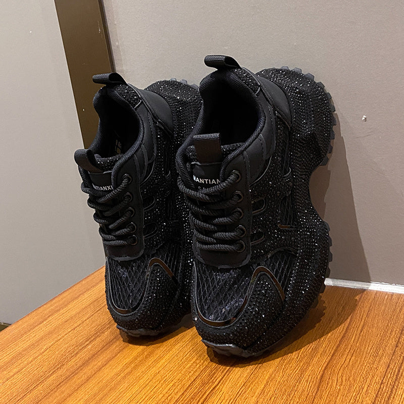 TIANXIU Women's Chunky Platform Sneakers, Light Yellow Glitter Rhinestone Accent Fashion Shoes With Green Trim And Thick White Sole