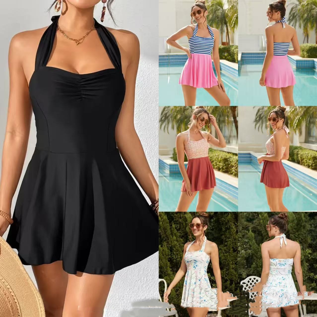 Solid Black Fashionable Womens One-Piece Swimsuit