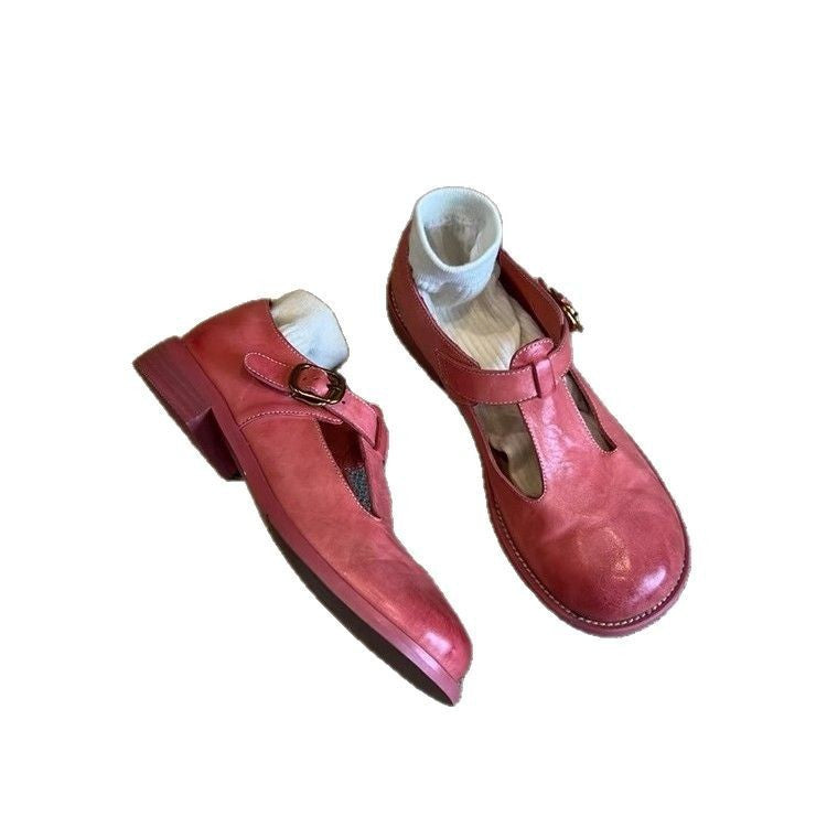 Retro Style Thick Heel Women's Round Head Brush Color Pumps