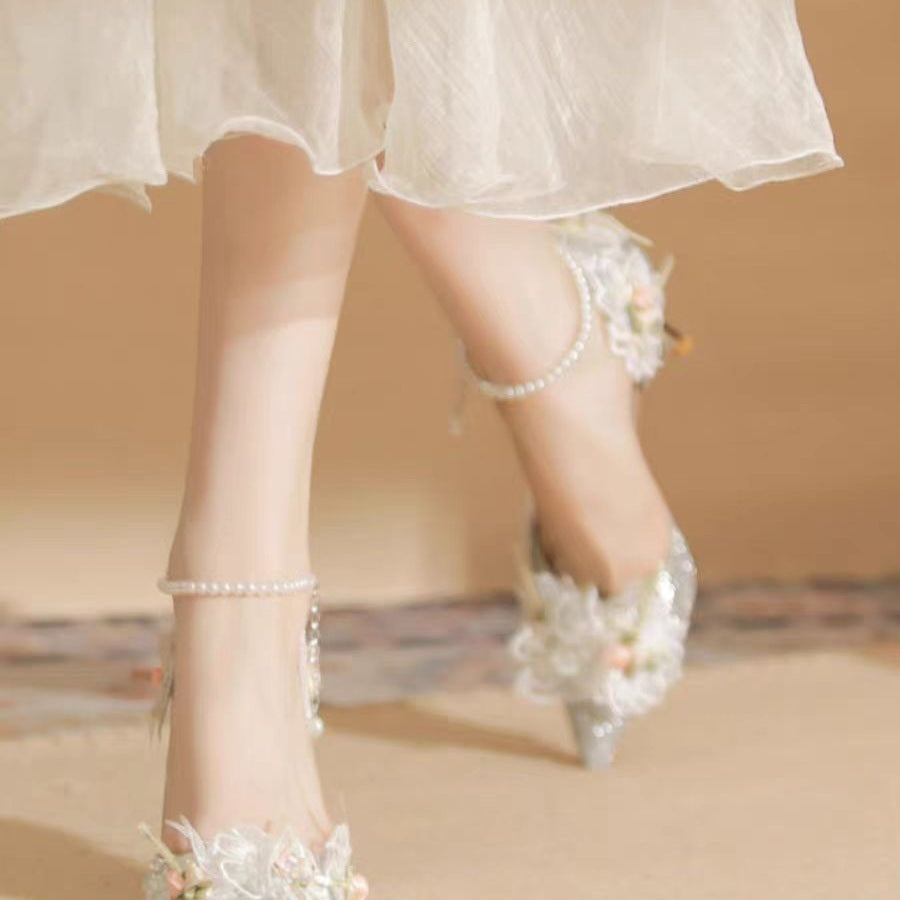 New Pointed Lace Flower Pearl Bow Tie Shoes