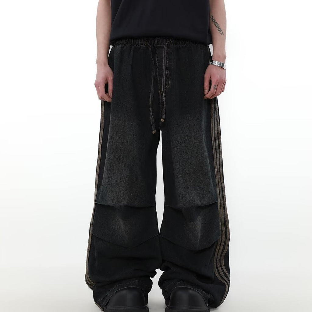 American Pleated Design Sense Niche Striped Wide Leg Straight Jeans Men