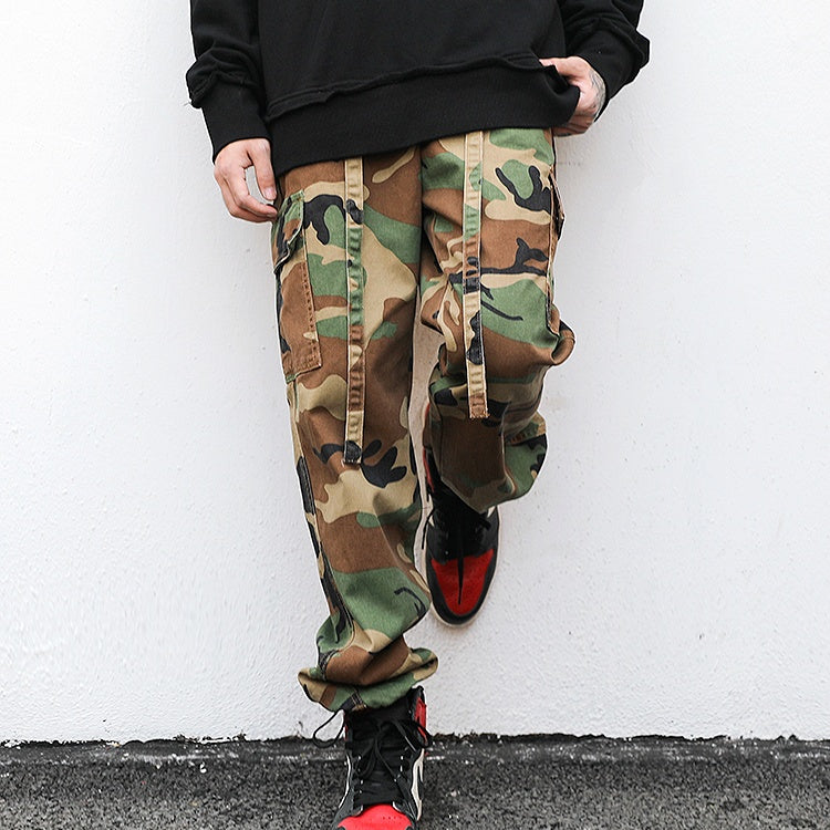 Camouflage Floating Rope Belt Straight Loose Trousers