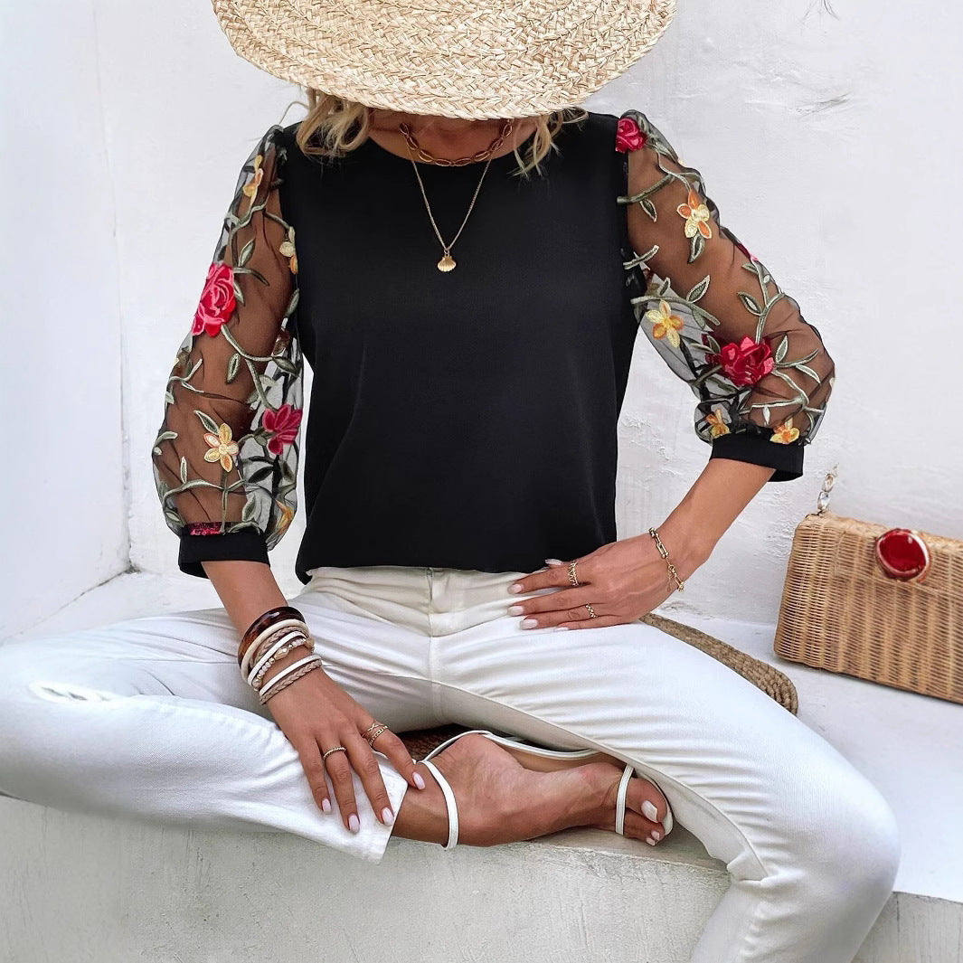 Women's Casual Mesh Black Patchwork Top