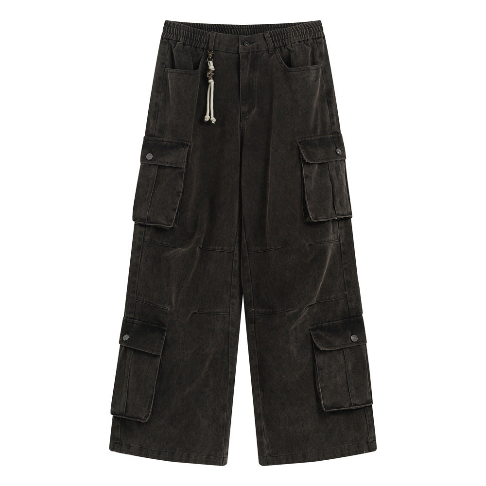 Punk Distressed Wash Multi-pocket Workwear Trousers