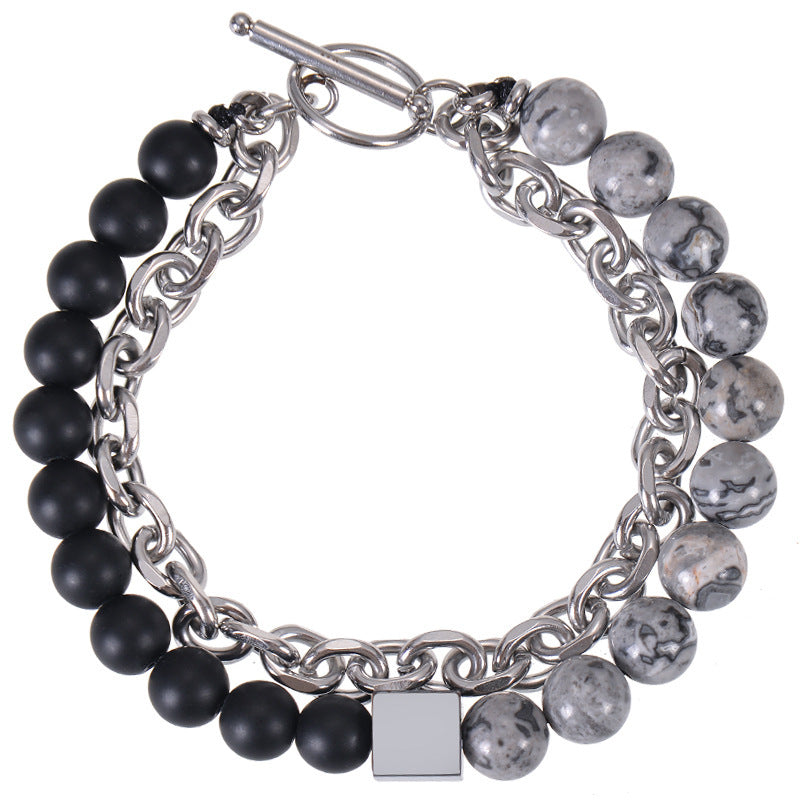 Stainless Steel Double Layer 8mm Tiger-Eye Bracelet Men