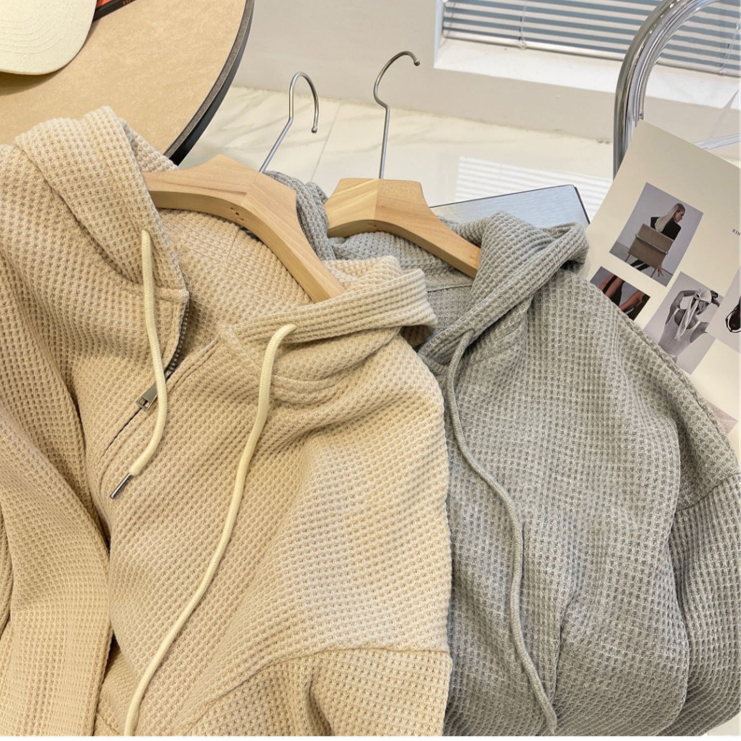 Waffle Hooded Women's Loose Slimming Zipper Cardigan