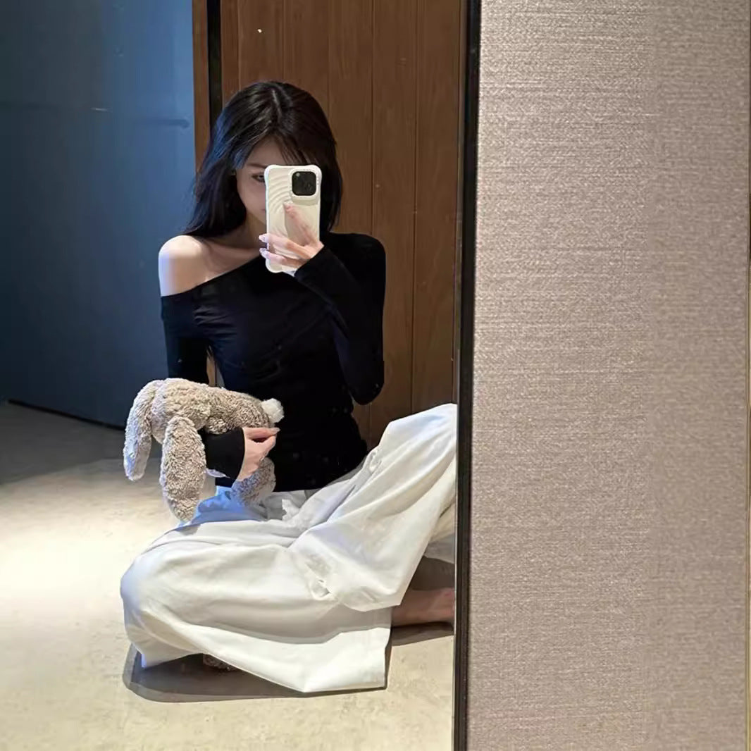 Pure Hot Girl Slim-fit Slimming And Shoulder Hollow Long-sleeved T-shirt Women's Top
