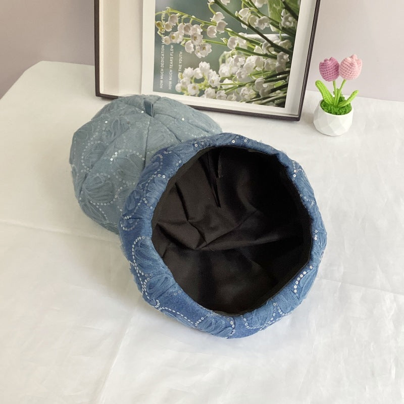 Mesh Sequins SUNFLOWER Decorative Washed Denim Octagonal Beret