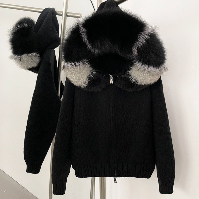 Spring Coat Women's Zipper Real Fox Fur Collar Hooded