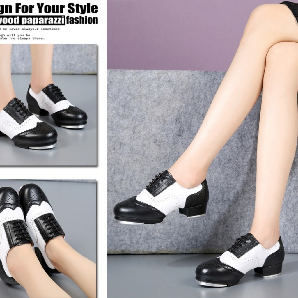 Women's Retro Top Layer Cowhide Soft Bottom Tap Dance Shoes