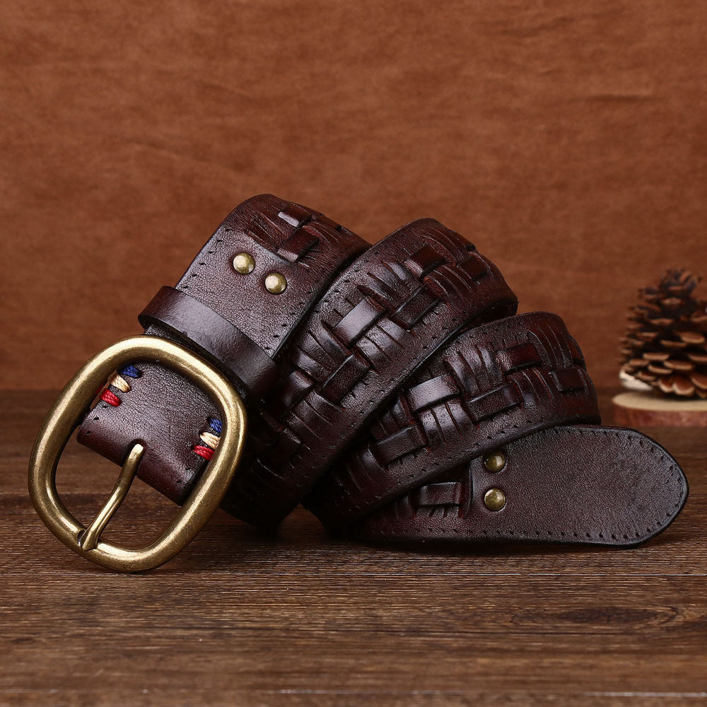 Men's Hand-woven First Layer Cow Leather Belt Personalized Punch-free Brass Buckle