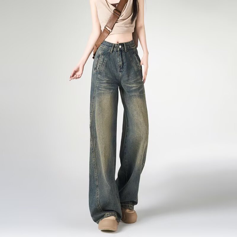 Womens American-style High-street Design Wide-leg Denim Jeans