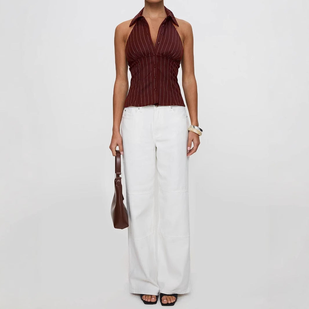 Striped Slim-fit Sleeveless Shirt With Distressed Details