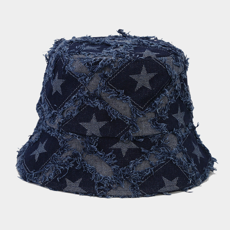 Autumn New Five-pointed Star Raw Edge Denim Bucket Hat