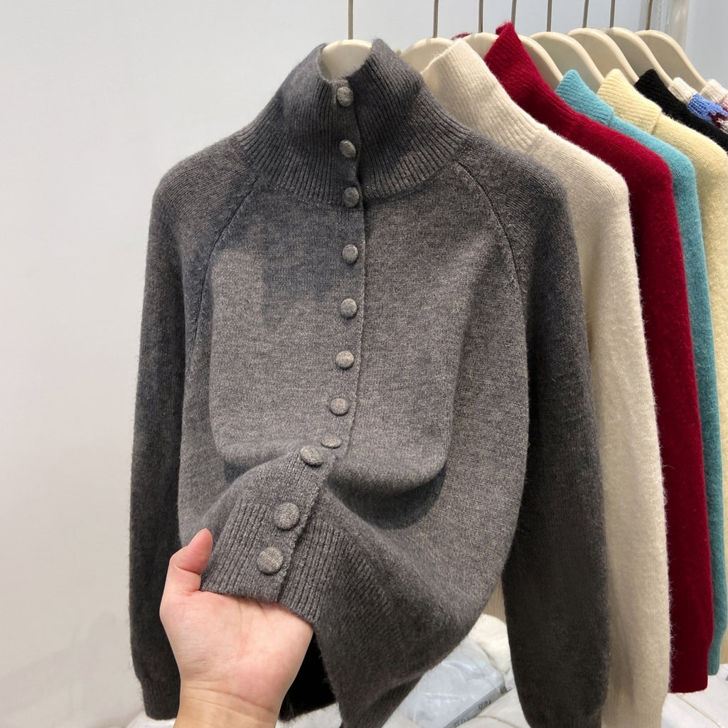 Women's Turtleneck Single-breasted Cardigan Loose And Lazy Style Knitted Sweater