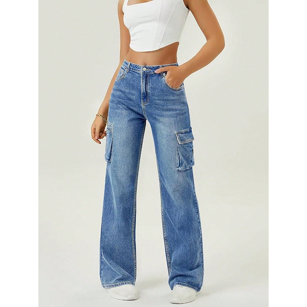 Stylish, Niche Design Straight-leg Denim Jeans With A Flap And Oversized Pockets