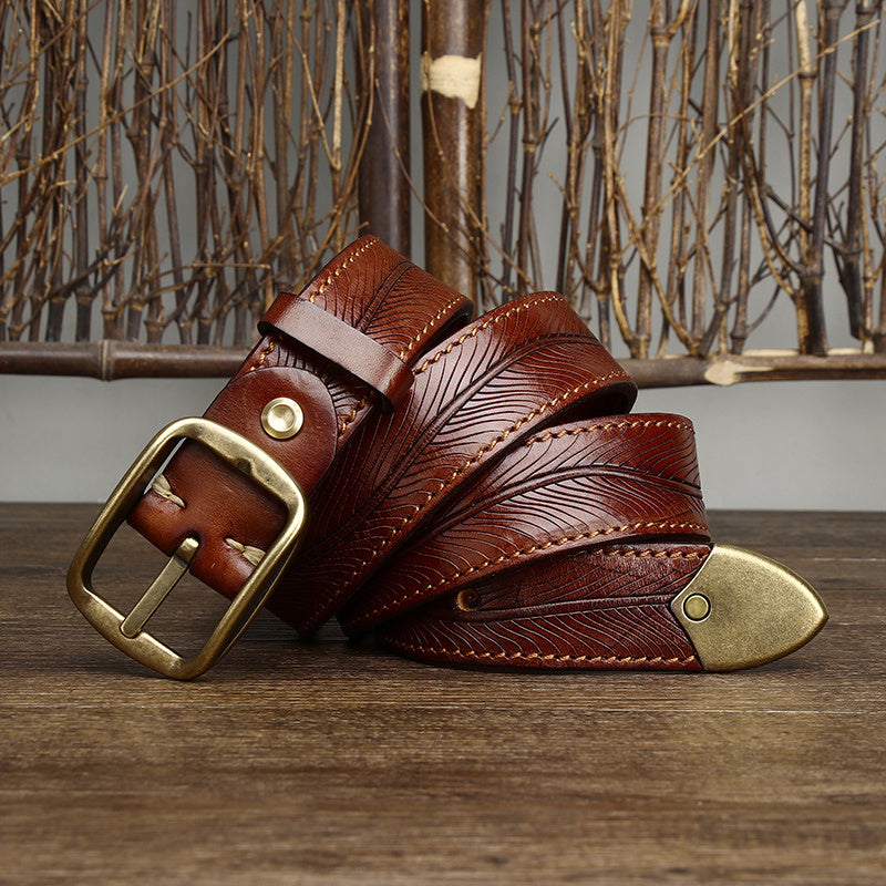 3.8CM Wide Thick Double-sided Cowhide Brass Buckle Belt