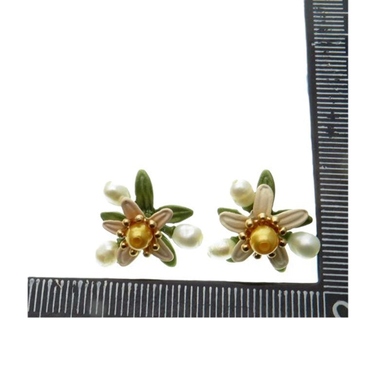 Orange Blossom Leaf Freshwater Yellow Pearl Green Lacquered Women's Retro Earrings