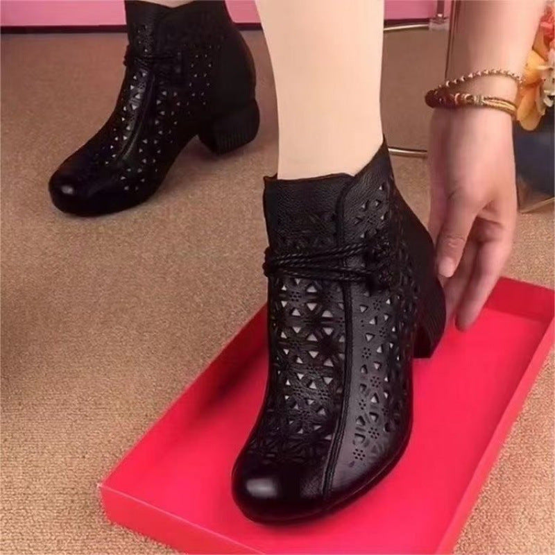 All-match Leather Mid-heel Comfortable Retro Closed Toe Chunky Heel Hollow Sandals