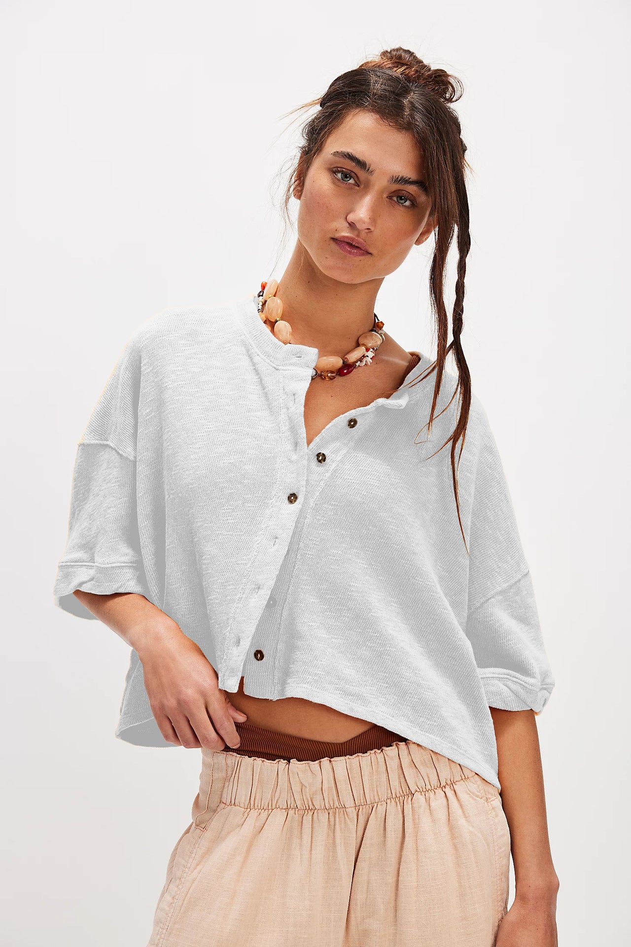 Linen Cardigan Button-up Top Three-quarter Sleeves Solid Color Womens Clothing