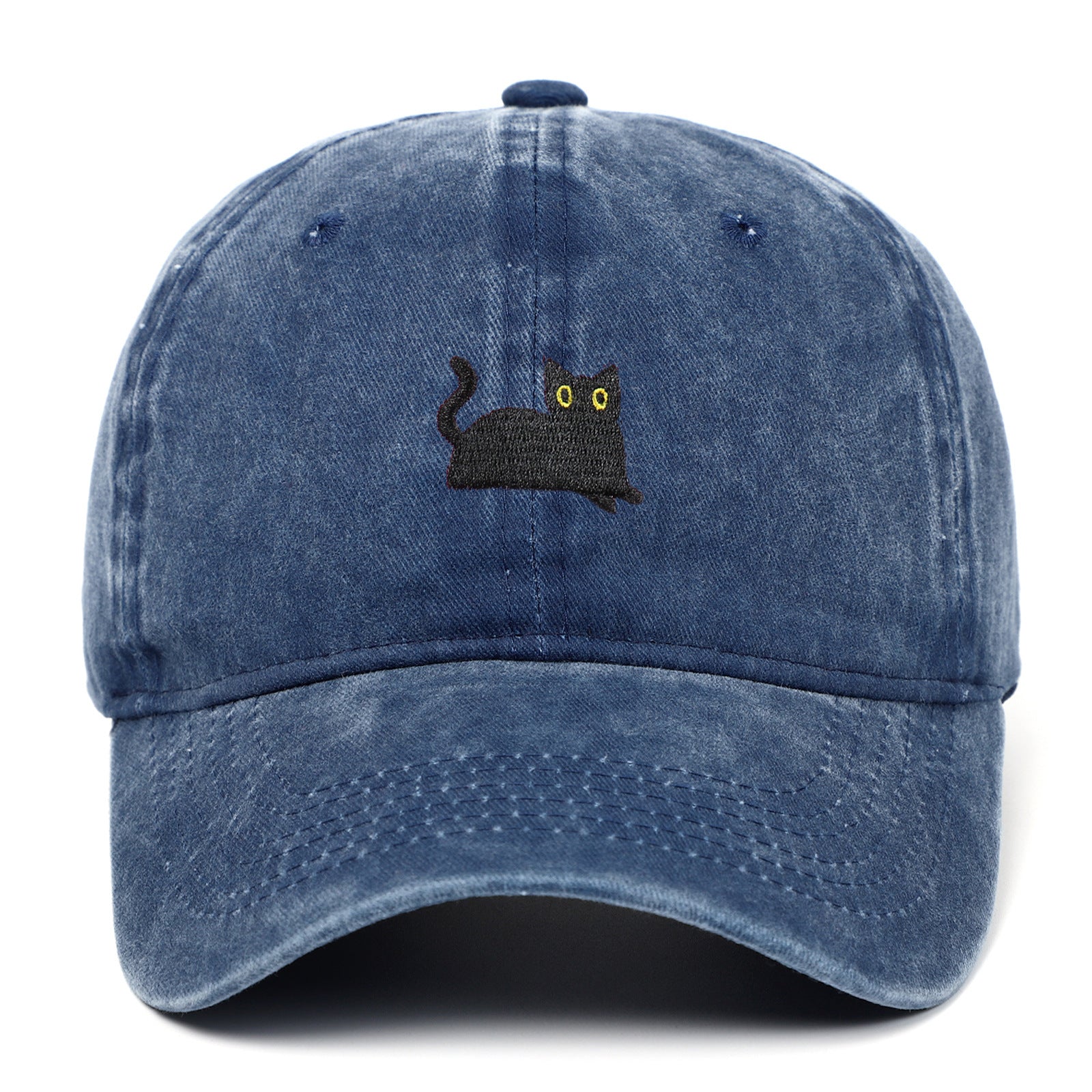 Black Cat Embroidered Washed Baseball Cap Sun Hat