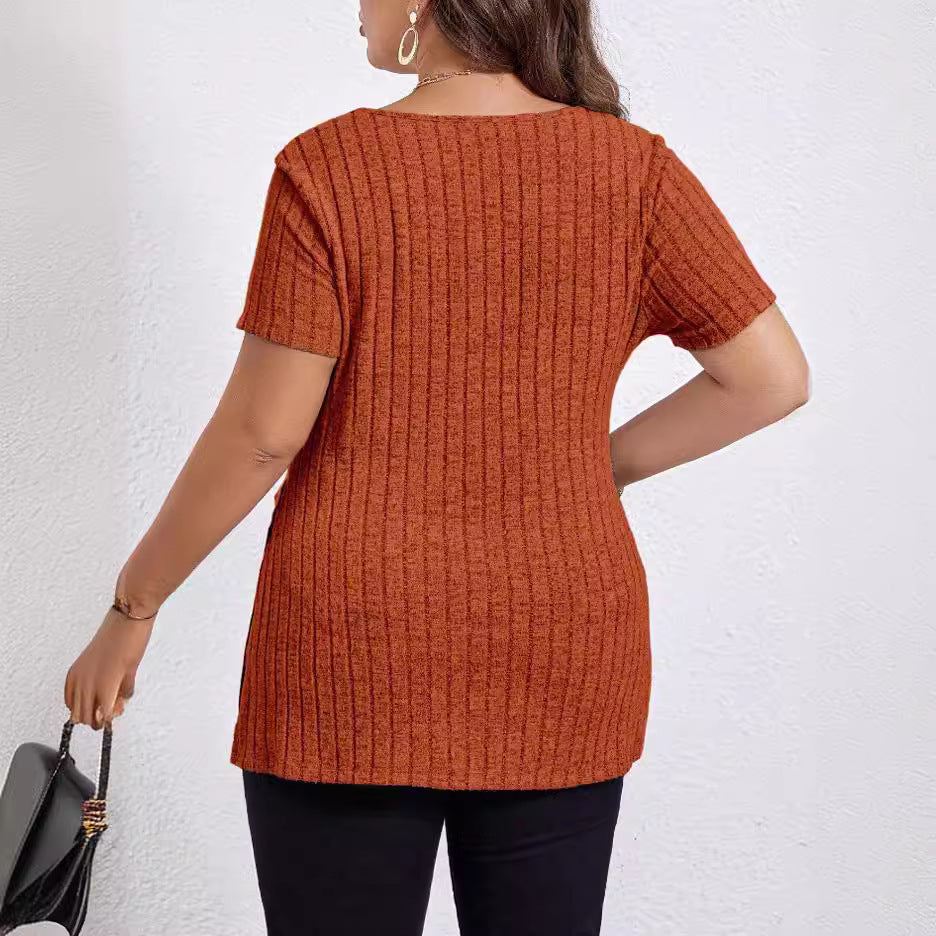 V-neck Split Sunken Stripe Brushed Women's Short Sleeve