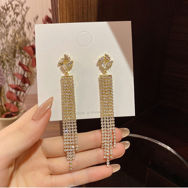 Sterling Silver Needle Light Luxury Tassel Earrings Banquet Style High-grade Long Earrings