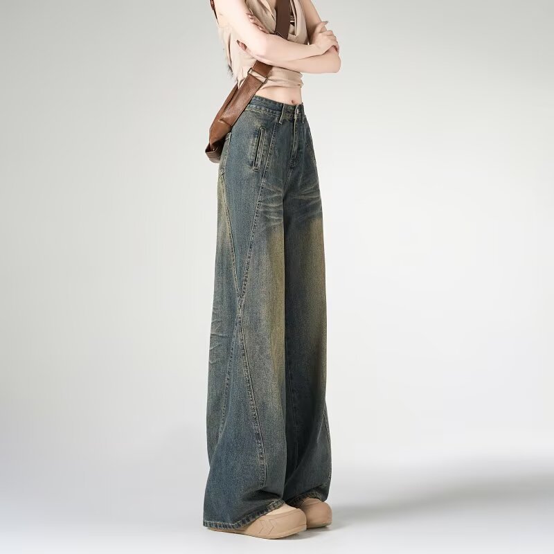 Womens American-style High-street Design Wide-leg Denim Jeans