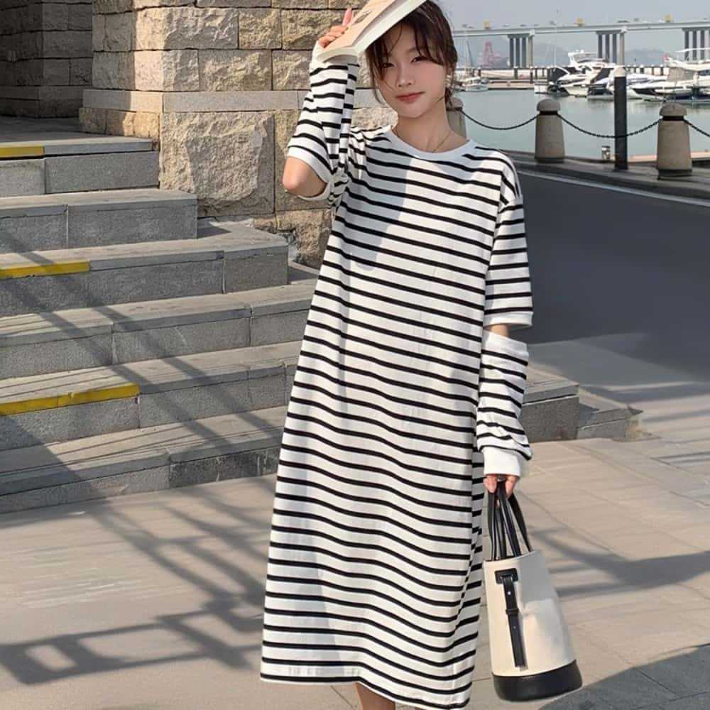 Women's Plus Size Black And White Hooded Knitted Long Dress Casual Striped Dress Sweater